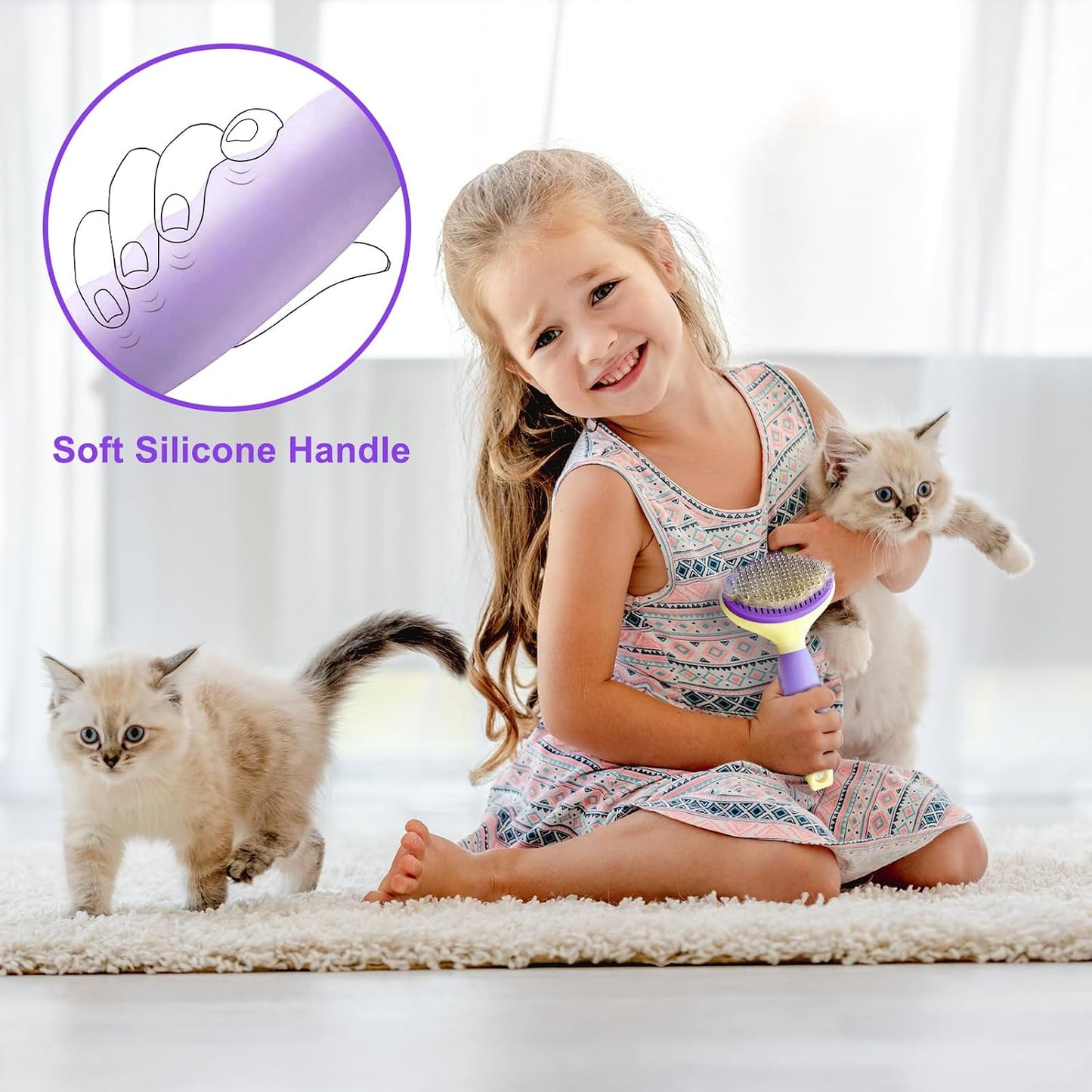 Cat Brush for Grooming and Shedding, Self-Cleaning Silicone Brush for Short and Long Haired Cats, Cat Gifts for Pet Lovers (Purple) | for Indoor Cats,Removes Loose Hair,Reduces Shedding,Soft Rounded Tips,Ergonomic Silicone Handle,Gentle Massage,Easy Grooming