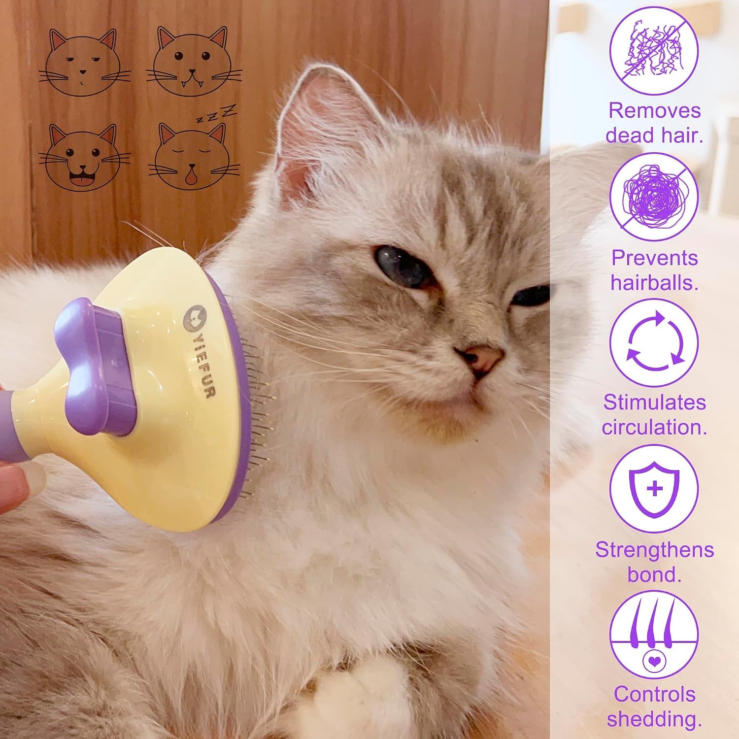 Cat Brush for Grooming and Shedding, Self-Cleaning Silicone Brush for Short and Long Haired Cats, Cat Gifts for Pet Lovers (Purple) | for Indoor Cats,Removes Loose Hair,Reduces Shedding,Soft Rounded Tips,Ergonomic Silicone Handle,Gentle Massage,Easy Grooming