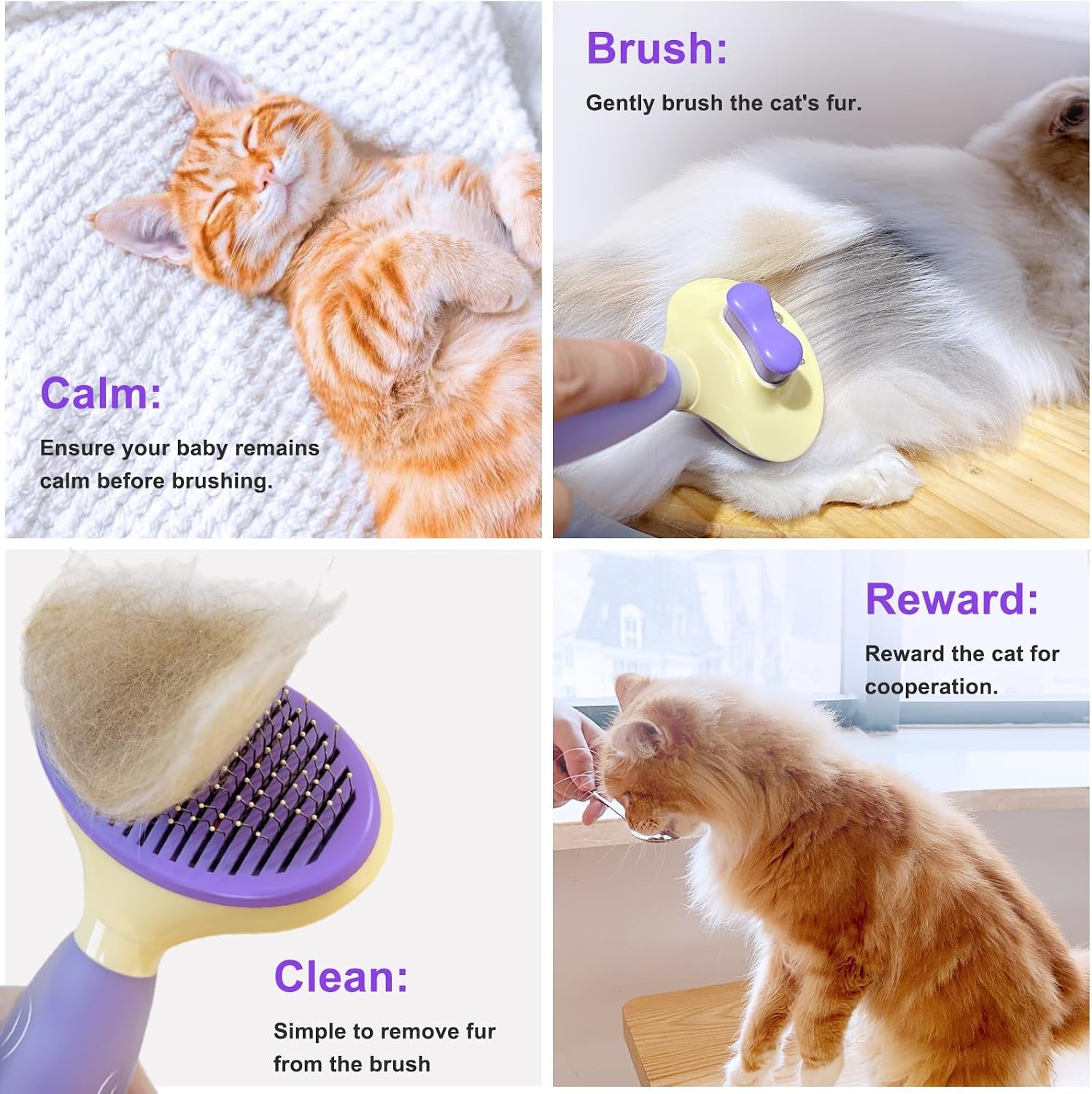 Cat Brush for Grooming and Shedding, Self-Cleaning Silicone Brush for Short and Long Haired Cats, Cat Gifts for Pet Lovers (Purple) | for Indoor Cats,Removes Loose Hair,Reduces Shedding,Soft Rounded Tips,Ergonomic Silicone Handle,Gentle Massage,Easy Grooming