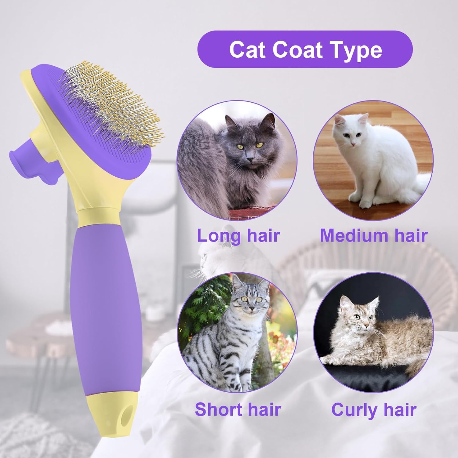 Cat Brush for Grooming and Shedding, Self-Cleaning Silicone Brush for Short and Long Haired Cats, Cat Gifts for Pet Lovers (Purple) | for Indoor Cats,Removes Loose Hair,Reduces Shedding,Soft Rounded Tips,Ergonomic Silicone Handle,Gentle Massage,Easy Grooming